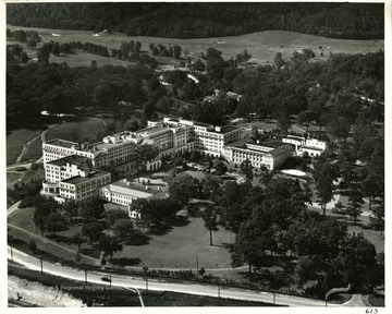 An aerial photograph of Greenbrier and cottages in White Sulphur Springs, West Virginia.