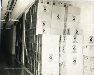 Boxes of survival supplies are stacked in an unidentified warehouse in Morgantown, West Virginia.