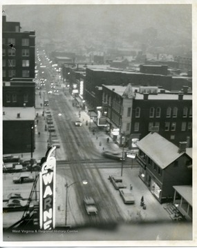 A view of High Street in Morgantown, West Virginia on a snowy winter day.