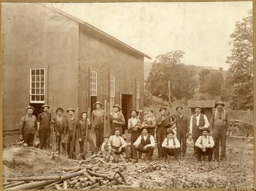 View of gasline workmen at a pumping station in Morgantown W. Va. names of the Workmen listed as:'B. M. Donald, Dennis Wader, Jeso Coss, Tom Shannon, Downey Fox, Walt South, Bill Taylor, Lindsey Roz, Harry Miller, Jack Bloher, Tom Jones, Warren Jacobs, Jud Cook, M. Miller, Don Miller, John Montgomery, M. Hugus, Gabe Masters.'