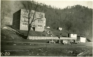 School Buses in front of High School at Lenore, W. Va. 