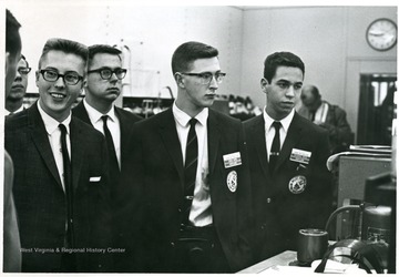 Portrait of National Youth Science Campers, comprised of the top two science-minded students from every state, tour the Union Carbide Corp. Technical Center at South Charleston, W. Va.  With Carbide engineer Ron Rayther (far left) are Joe Obuchowski (second from left) of Bellows Falls, Vt., Douglas Karo of Bethesda, Md., and Richard Katz of Baltimore, Md.  The National Youth Science Camp, which is held deep in the Allegheny Mountains near Bartow, W. Va. for three weeks ending July 17, brings together the two top science-minded students from every state for lectures and seminars at research and professional levels, field trips to study West Virginia's natural wonders, and side trips to the National Radio Astronomy Observatory at nearby Green Bank and the state and nation's capitols.  The state of West Virginia sponsors the camp.