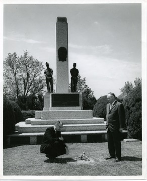 'Rene` V. Zaliean and William Morten, Preceptor, Local Number 1, Window Glass Cutters League of America at grave of Mary 'Mother' Jones at Miner's Cemetery, Mount Olive, Illinois. Born: 1830, died December 1, 1930.'