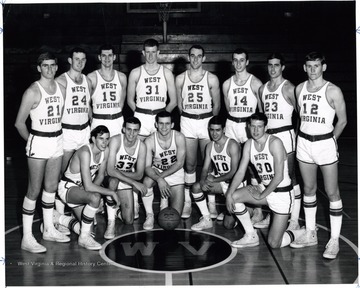 Mountaineer Freshmen Basketball Team front row- Bernart Pasternak, Mike Jones, Mark Dawson, Lou Pelliccioni, Ken Boyles.  Second row-  Charles Stalnaker, Dick Ramsey, Skip Kintz, Bob Lowe, Dick Symons, Larry Mazza, Jeff Taylor, Tom Turner.