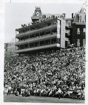 View of the Press Box at Mountaineer Field on the West Virginia University campus.