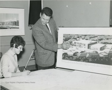 Unidentified WVU Employees with architect's drawing of the Mountainlair.