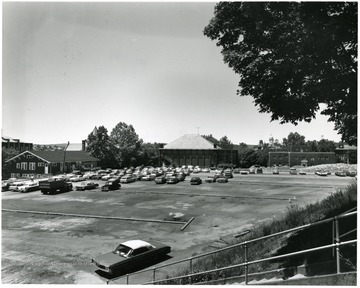 Shops, administration 'behind trees', Reynolds Hall, and Health Center.