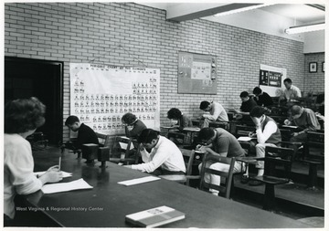 Periodic Table hangs on the wall.