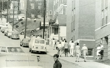 'Boreman Hall on right, Campus Lunch, Delta Tau Delta, Kappa Alpha, etc'.