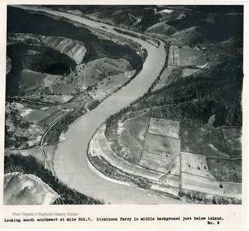 'Looking south southwest at mile 206.7.  Dickinson ferry in middle background just below island.'