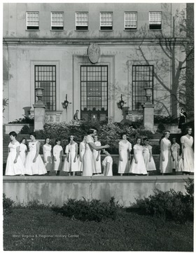 'First row, far left is Nancy Kurkendall(sp)- freshman, and far right is Harriett Bauld- sophomore'