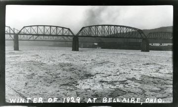 A view of the Ohio River; it is almost completely covered with ice.