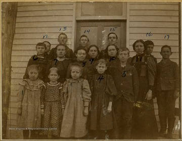 ' Students: 3. Veda Davis (Langfitt) 5. Miley, 8. Mabel Young, 11. Ella Mae Miley, 15. Otto Ladwig (teacher) 17. French Stout, Near West Milford W. Va.'