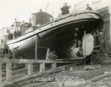 Tugboat, "Captain George" preparing for launch at the Ward shipyard. The vessel was built by The Charles Ward Engineering Works in Charleston, West Virginia.