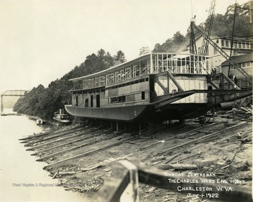 Towboat, Destrehan still under construction, is made ready for launching in the Kanawha River. The vessel was built by The Charles Ward Engineering Works in Charleston, West Virginia.