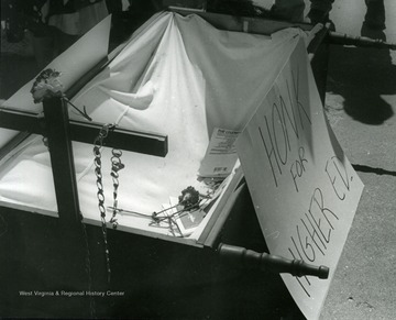 Sign reading "Honk for Higher Education" at the WVU Student Protest - "Death of Higher Education" in Morgantown, West Virginia.