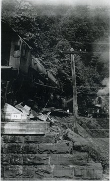 Wrecked locomotive on the Nicholas, Fayette &amp; Greenbrier Railroad, a coal feeder line between Swiss, Nicholas County and Rainelle.