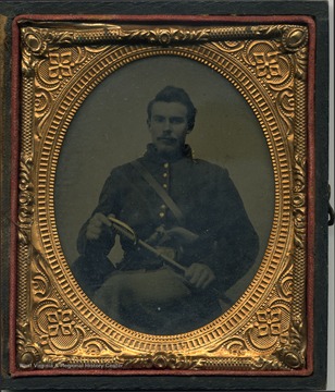 Either an ambrotype or tintype image of G. P. Gardner wearing an officer's uniform of possibly the Union Army,and holding a sword with a revolver tucked in his belt.