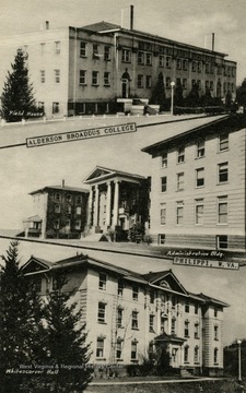 Buildings shown: Top: Field House, Middle: Administration Building, Bottom: Whitescarver Hall. Published by the Teacraft Company. (From postcard collection legacy system.)