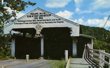 Scene of the first land battle of the Civil War. Erected in 1852, this bridge served both North and South in passage of troops and supplies across mountains into Virginia. Published by Rex Heck News Company. (From postcard collection legacy system.)