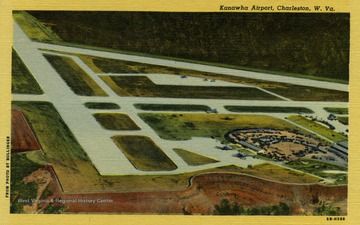 Caption on back of postcard reads: "Kanawha Airport was officially opened on December 1, 1947. Four commercial airlines - American, Eastern, Capital and Piedmont - operating more than forty daily schedules over five routes, now serve Kanawha Airport, providing Charleston and surrounding area with direct passenger, air mail, express and cargo service, without change of plane, to fifty cities of the United States. Kanawha Airport involved in the greatest earth moving project in the history of commercial aviation. More than 9,100,000 cubic yards of earth and rock were moved." Published by The S. Spencer Moore Company. (From postcard collection legacy system.)