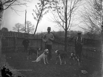 Child and man on the right hold their rifles, while the man in the middle has his shotgun propped against fence while he handles two of the dogs.