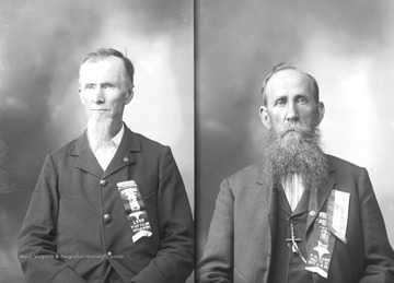 Man on left wears ribbon that says "Lyon Post No. 23, Dept. of W. Va." and man on right wears one saying "T.G. Nash Post No. 23 Dept. of W. Va.".