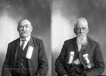 Man on right wears a ribbon that says "Lyon Post No. 23 Dept. of W. Va.". Both men also wear a ribbon that says "Preston County Soldiers' Reunion July 2, 3, and 4 Kingwood, W. Va.".