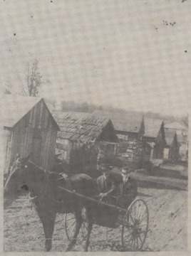 Two unidentified men are pulled in small carriage by a horse. Note both log and board structures in the background. 