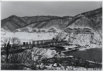 Looking at the construction site on the Bluestone River from the hillside. 