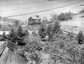 A snowy scene showing a green house.