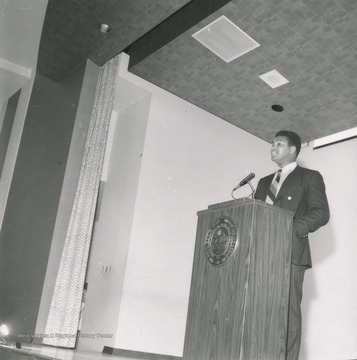 Boxing champion Muhammad Ali addresses students while visiting West Virginia University as a part of the Festival of Ideas speaker series