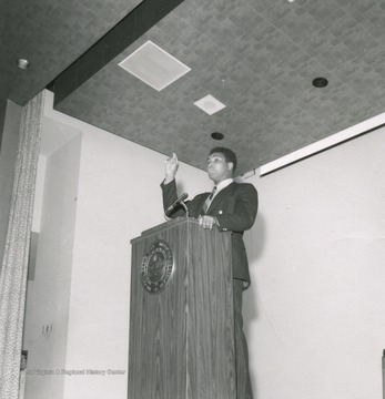 Boxing champion Muhammad Ali addresses students while visiting West Virginia University as a part of the Festival of Ideas speaker series