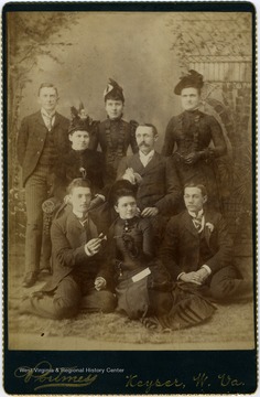 Portrait of [Clark] Hughes, Alice Carskadon, Lucy Carskadon, Jessie [Liks], Mr. Dameron , Jim Barrick, Nancy Lauck, and Charlie [Charles] Head from a photograph album of late nineteenth century images featuring residents from Keyser, W. Va.