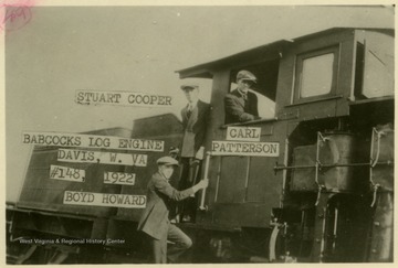 Boyd Howard, Stuart Cooper and Carl Patterson are pictured with the engine.This image is part of the Thompson Family of Canaan Valley Collection. The Thompson family played a large role in the timber industry of Tucker County during the 1800s, and later prospered in the region as farmers, business owners, and prominent members of the Canaan Valley community.The Babcock Lumber and Boom Company bought the Blackwater Boom and Lumber Company from the Thompson family in 1907. The mill shut down in 1924. 