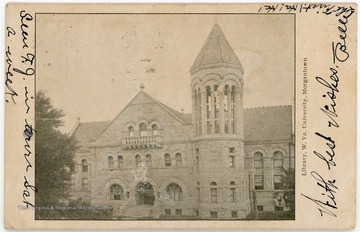 The postcard shows the old WVU Library which is now Stewart Hall.  Stewart Hall houses administrative offices.