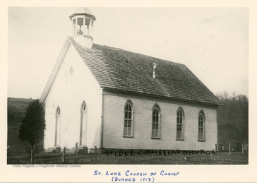 This older building that housed the church burned in 1913 and was replaced with a new building.  The date the church was organized is unknown, but likely between 1860 and 1870.  A frame church was built in 1890 but destroyed by fire in 1913.  The name then changed to St. Luke Christian Church and a new building was erected in 1918. 