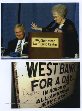 During the 50th Anniversary celebration of the East Bank High School Alumni Association,  the changing of the town's name from East Bank to West Bank on March 24, 1956 was remembered. The one day renaming was to honor East Bank High School All-State Basketball player Jerry West who lead the Pioneers to a West Virginia State Basketball Championship that year. Jerry West is seated to the left and Mary Pat Maloney is at the podium.