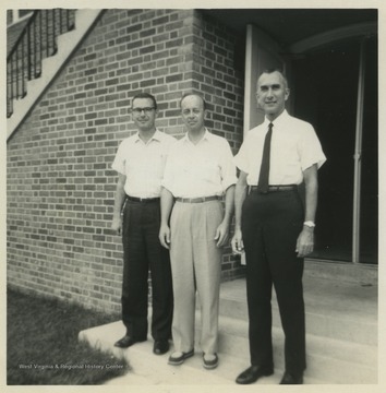 Leonard Warren of Los Angelos, Ca. (left), Captain John Lunger of Williamsburg, Va. (center) and Harold Miller (right) are pictured outside of the university building. Miller was a life-long school teacher at Terra Alta High School. He served in both World War II and the Korean War. 