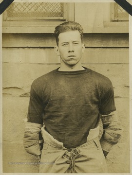 A West Virginia University football player identified as "Knight" is pictured in his practice gear. 