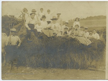 Standing by the hay wagon with a pitch fork is Samuel F. Harsh (b.1836-d.1912). His wife, Louisa, is standing at the very end of the hay wagon. The farm is located in the Canaan Valley. 