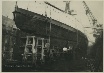 Ladders surround the battleship. 