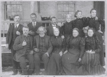 "Jacob Cline Koon and his Family (January 1, 1898) Golden Wedding Celebration, Near Worthington, W. Va.Standing Back Row: Joseph Snider Koon, George Washington Koon, Weaden Cline Koon D. V. S., Nancy Koon (Sturm), Cynthia Koon (Shaver) and Minnie Koon (Morgan).Sitting Front Row: Benjamin Titus Koon, JACOB CLINE KOON, CHARLOTTE TITUS SNIDER (KOON), Mariah Koon (Moegan) and Mary Koon (Shaver)."