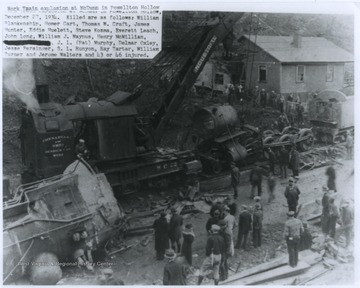 Those killed as a result of the accident were William Blankenship, Homer Cart, Thomas W. Craft, James Hunter, Eddie Huelett, Steve Kozma, Everett Leach, John Long, William J. Maynus, Henry McMillian, J. L. "Pat" Murphy, Delmar Oxley, Jesse Persinger, S. L. Runyon, Ray Tartar, William Turner, and Jerome Walters. In addition to those who lost their lives, 43 or 46 were injured.  A Chesapeake and Ohio derrick car works to clear the wreckage.