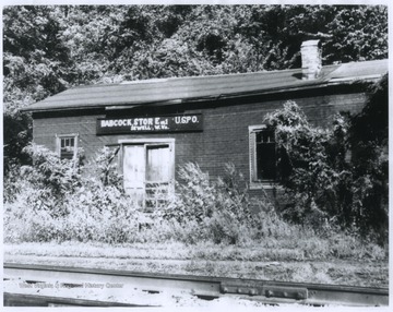 View from across the railroad tracks at the store entrance which is obscured by overgrown plants and weeds. 