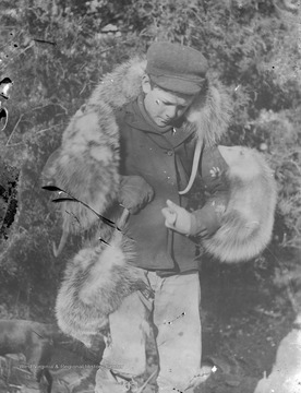 A young boy is pictured holding four opossums.