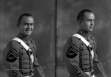 Roessing, pictured at age 17, poses for a portrait in his ROTC uniform.  He was likely part of the ROTC at his high school or at West Virginia University, where he studied until 1935.  He transferred to West Virginia Wesleyan in 1935 and graduated in 1937.