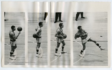 "Rodney "Hot Rod" Hundley, West Virginia University's high scoring sensation, shows off his bag of ball-handling tricks during the final home game of the season at Morgantown, W. Va."