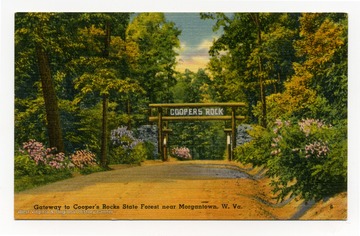 Reverse reads: "Coopers Rock State Forest abounds in natural beauties. Entering through a rustic gateway, the visitor is delighted with the profusion of brilliant rhododendrons, the miles of shady trails which invite exploration. The picturesque picnic tables, the hospitable shelters with open fireplaces, together with other facilities planned for their enjoyment. The park is named after the huge rock which was at one time the refuge of a cooper fleeing from justice."