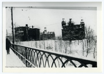 A view of Woodburn Circle including Martin, Chitwood, and Woodburn Halls taken from the Falling Run Bridge.